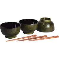 杢目塗　どんぶり椀３客揃（箸付）